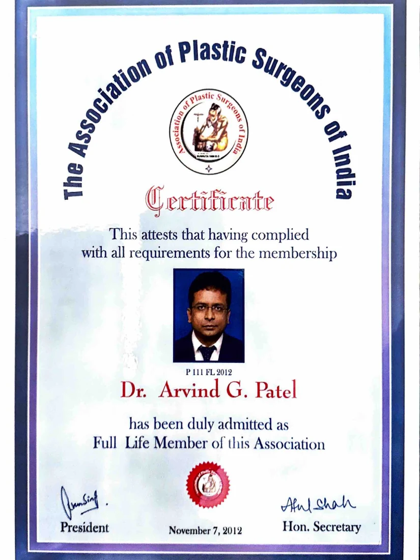 Association of Plastic Surgeons of India full life member certificate of Dr. Arvind G. Patel