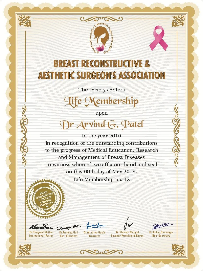 Breast Reconstructive and Aesthetic Surgeons Association life membership certificate of Dr. Arvind G. Patel