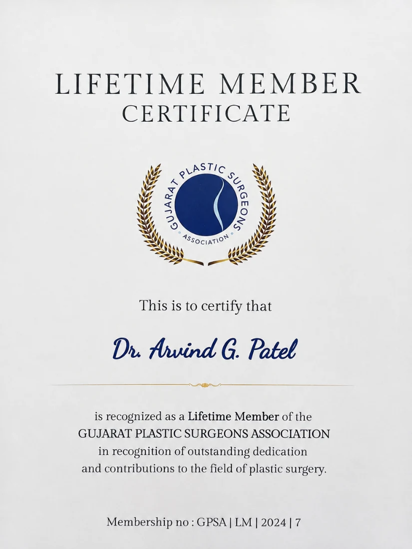 Gujarat Plastic Surgeons Association lifetime member certificate of Dr. Arvind G. Patel