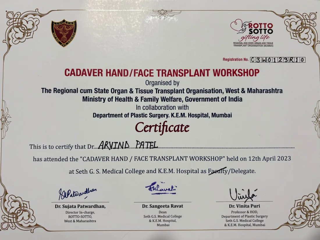 Certificate awarded to Dr. Arvind G. Patel
