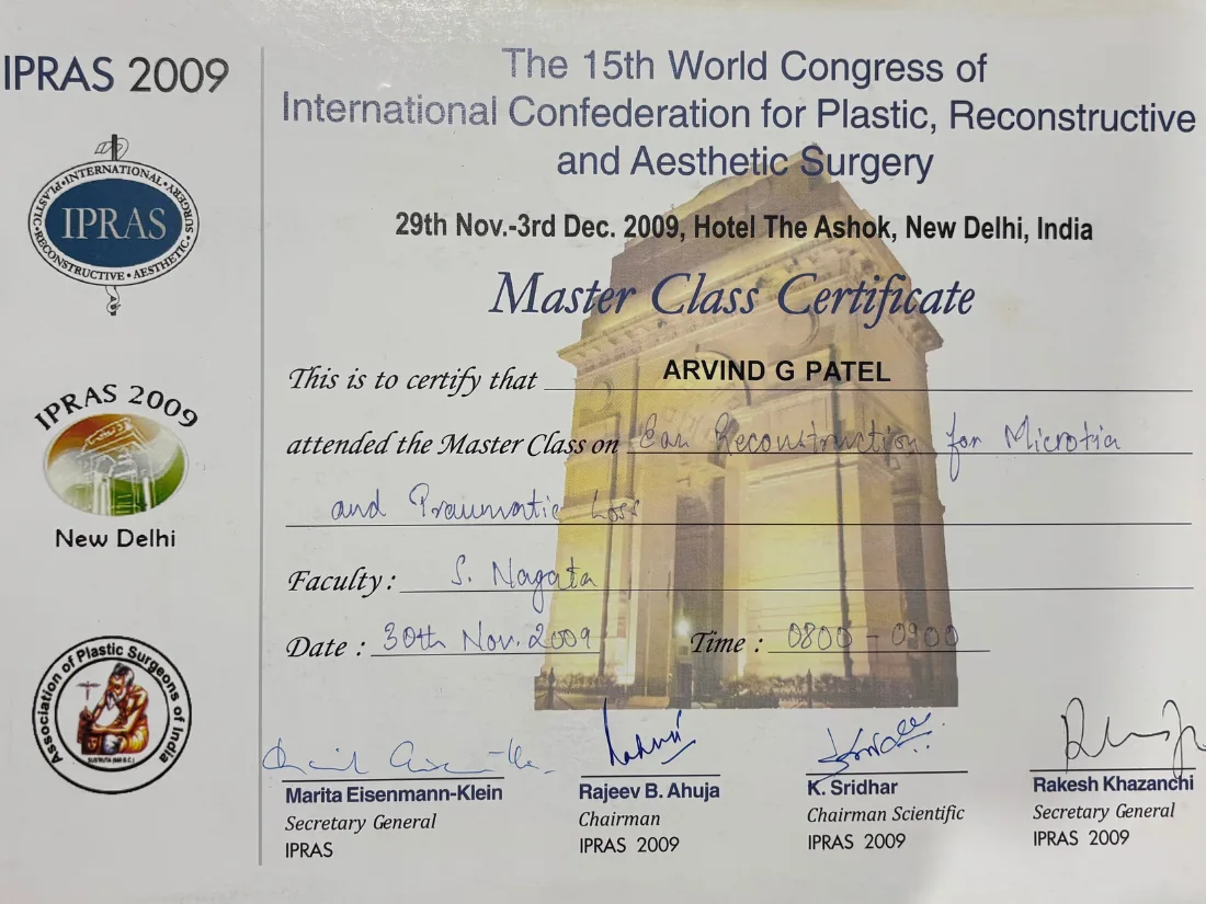 Certificate awarded to Dr. Arvind G. Patel