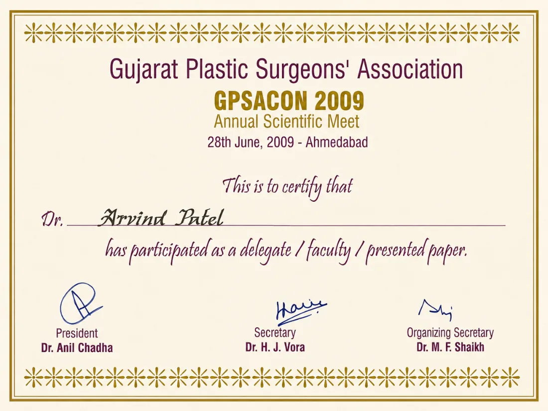 Certificate awarded to Dr. Arvind G. Patel