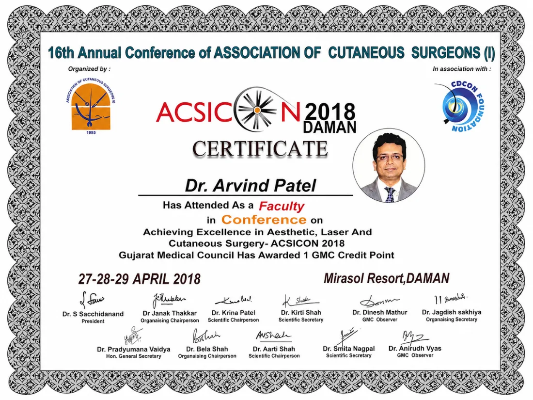 Certificate awarded to Dr. Arvind G. Patel