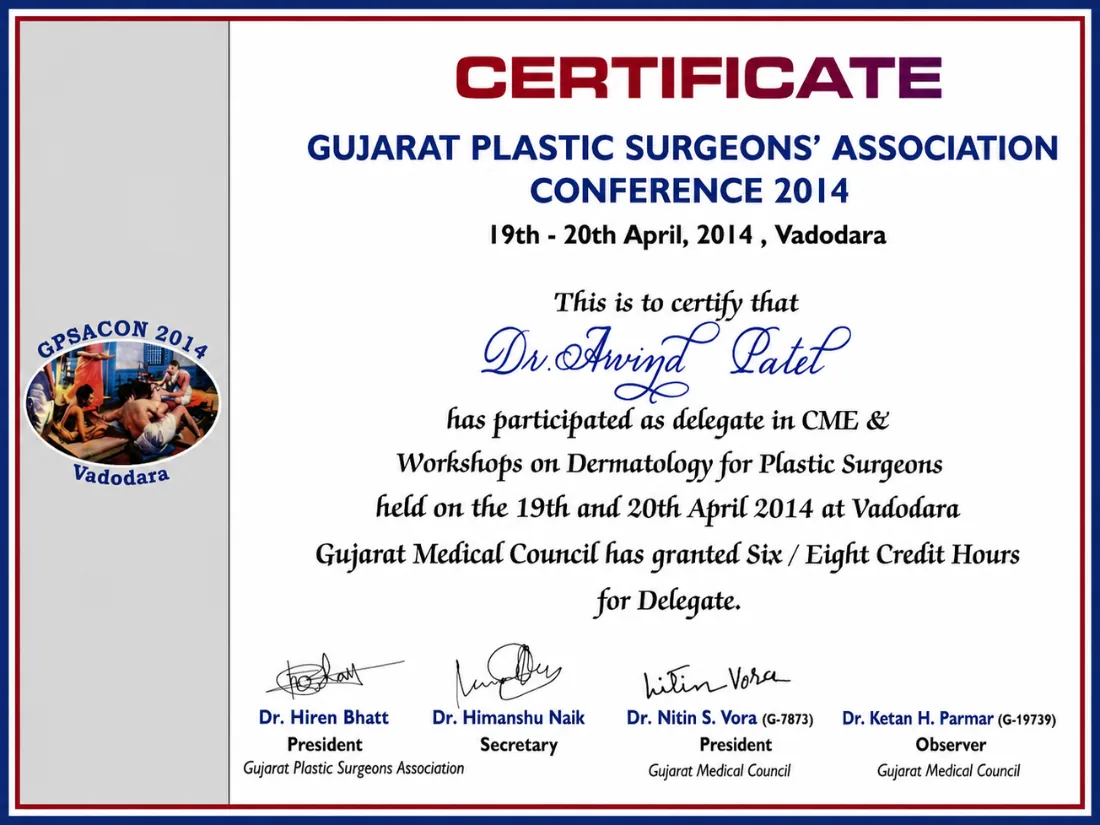 Certificate awarded to Dr. Arvind G. Patel