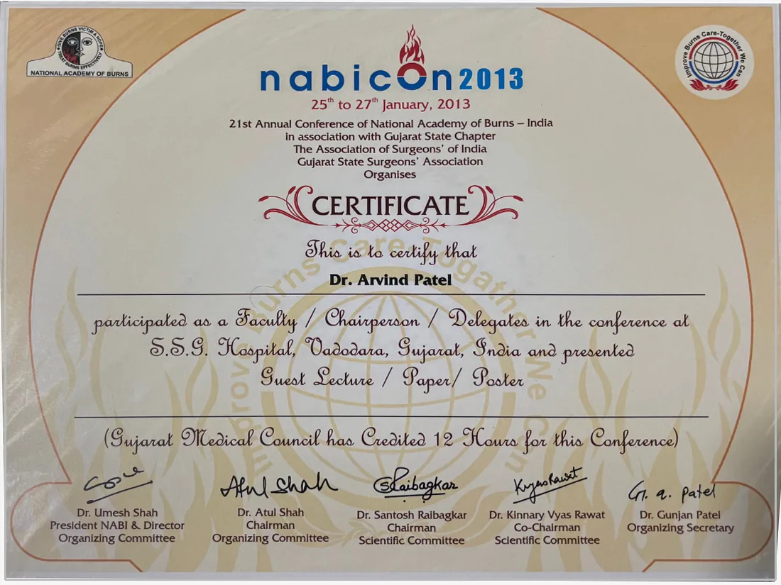 Certificate awarded to Dr. Arvind G. Patel