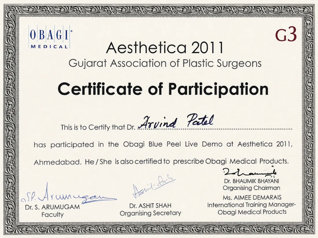 Certificate awarded to Dr. Arvind G. Patel