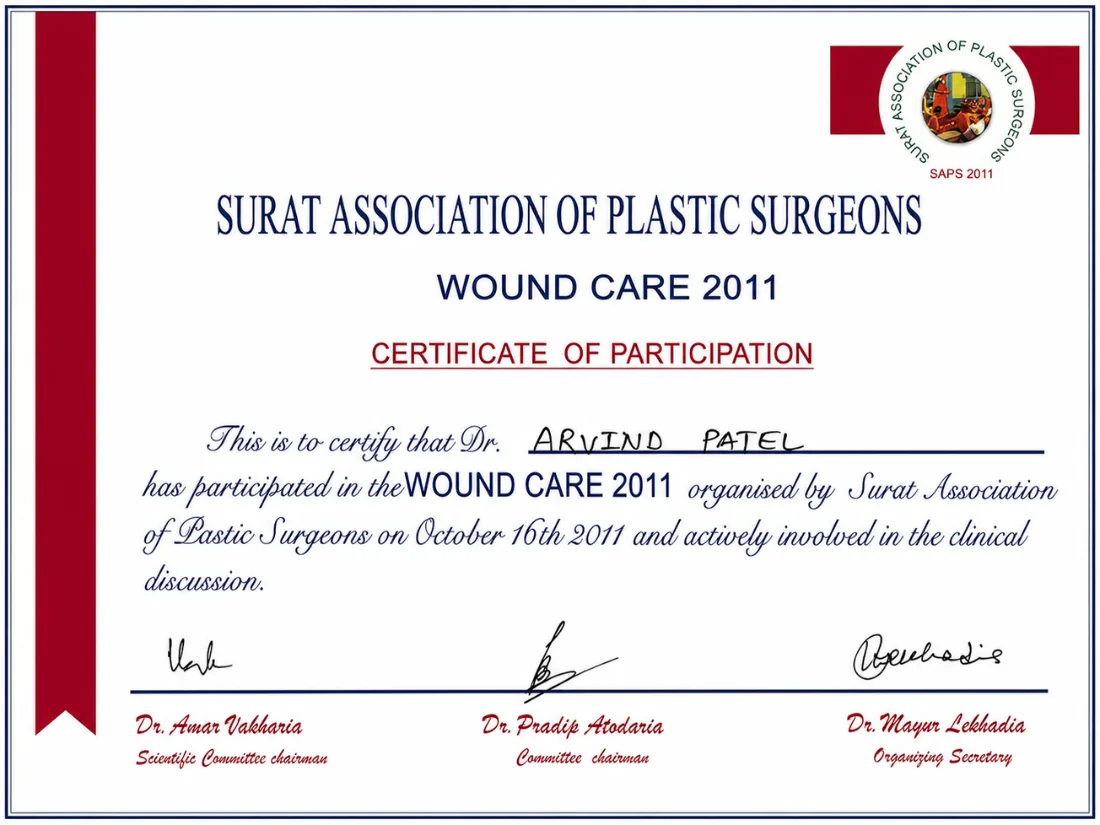 Certificate awarded to Dr. Arvind G. Patel