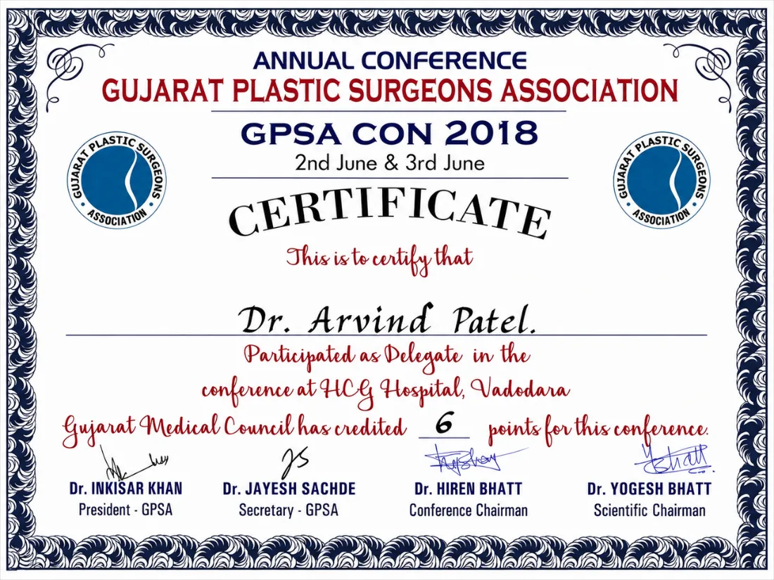 Certificate awarded to Dr. Arvind G. Patel