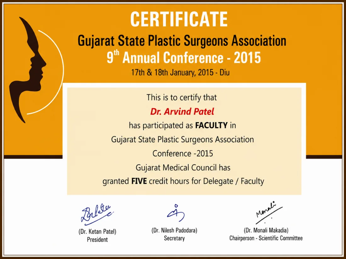 Certificate awarded to Dr. Arvind G. Patel