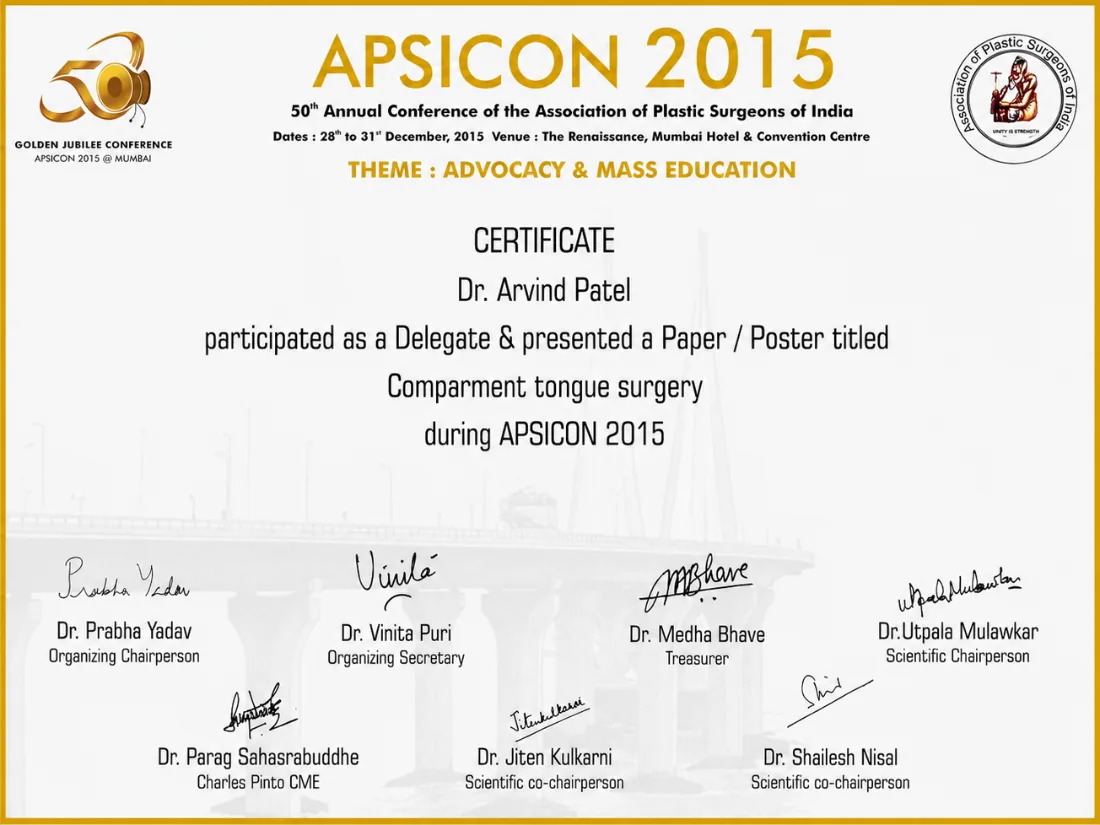 Certificate awarded to Dr. Arvind G. Patel