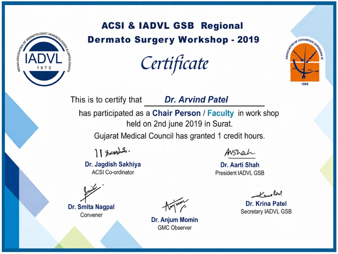 Certificate awarded to Dr. Arvind G. Patel