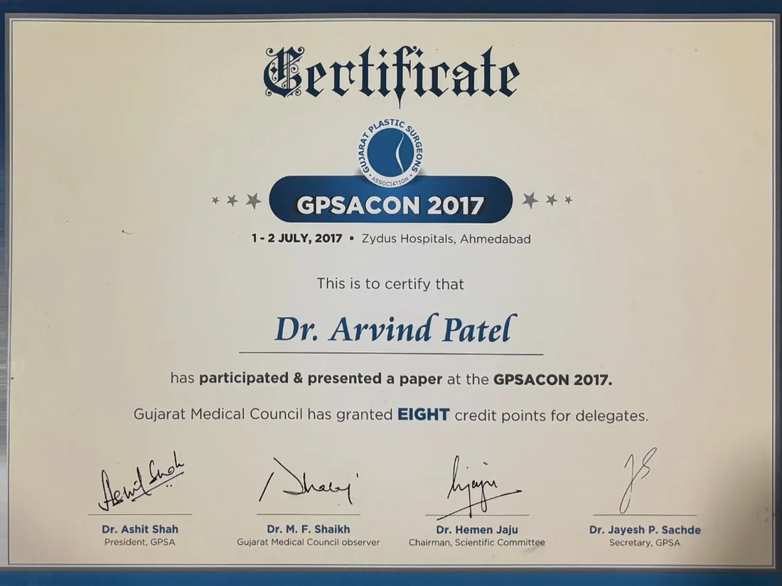 Certificate awarded to Dr. Arvind G. Patel
