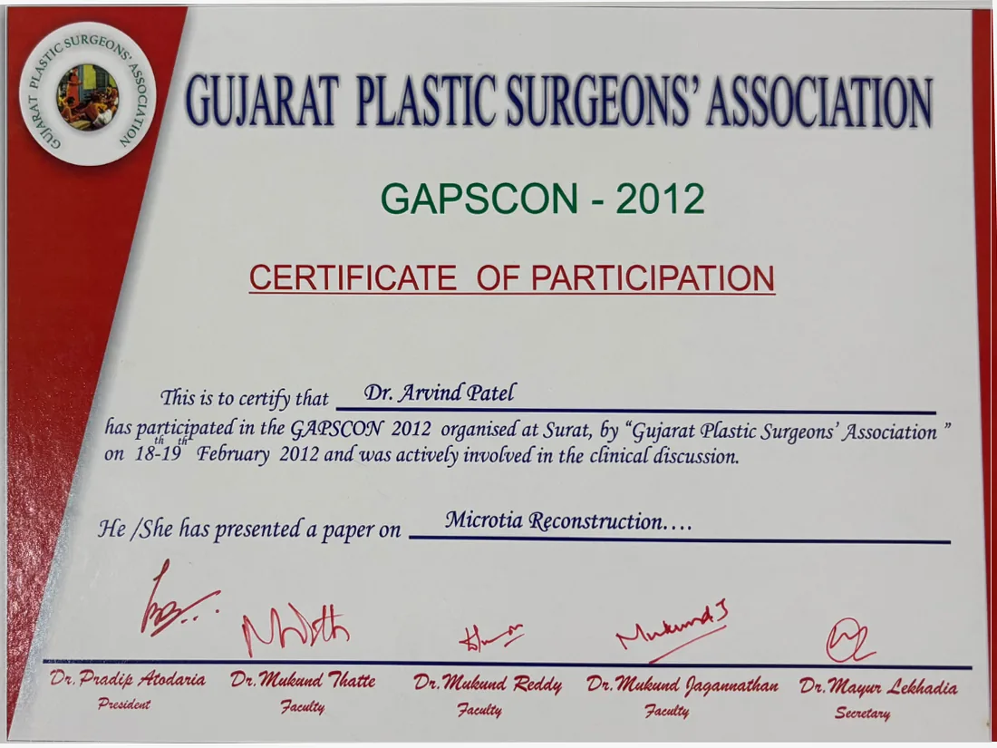 Certificate awarded to Dr. Arvind G. Patel