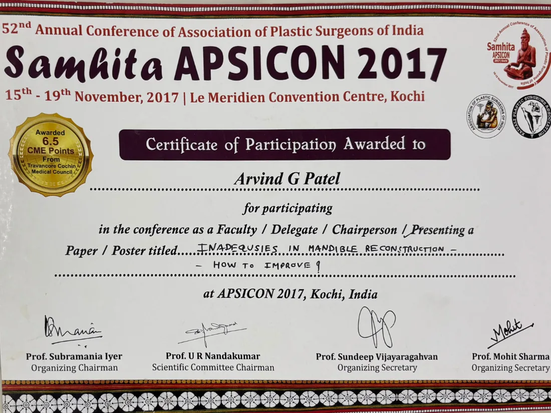 Certificate awarded to Dr. Arvind G. Patel
