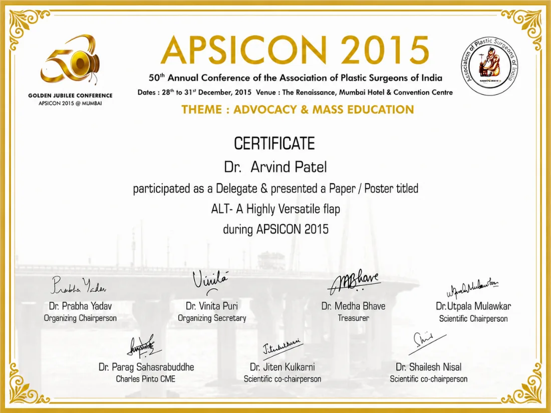 Certificate awarded to Dr. Arvind G. Patel