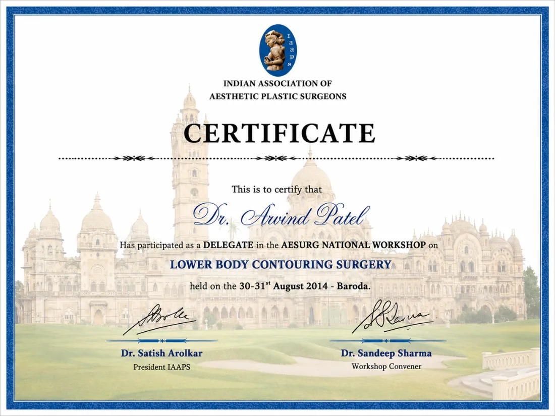 Certificate awarded to Dr. Arvind G. Patel