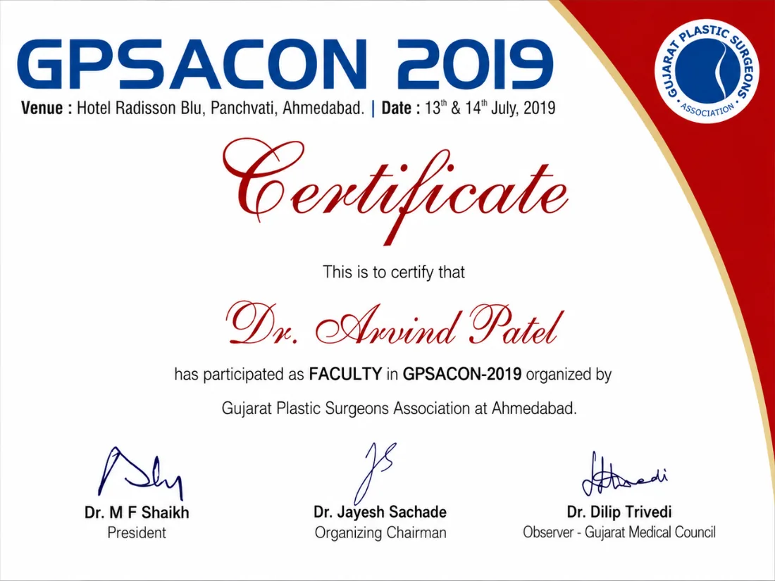 Certificate awarded to Dr. Arvind G. Patel