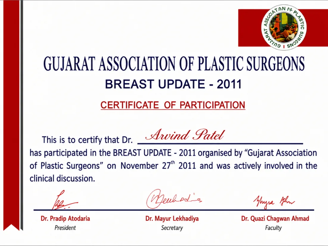 Certificate awarded to Dr. Arvind G. Patel