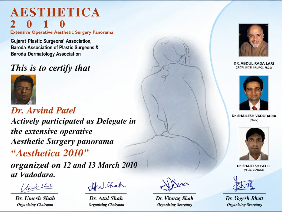 Certificate awarded to Dr. Arvind G. Patel