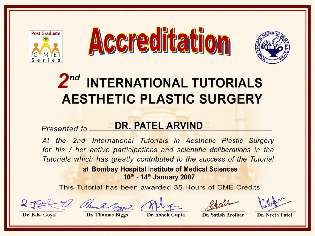 Certificate awarded to Dr. Arvind G. Patel