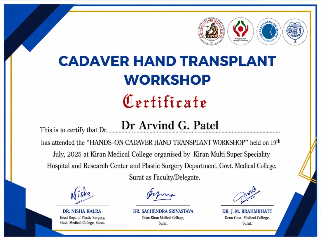 Certificate awarded to Dr. Arvind G. Patel