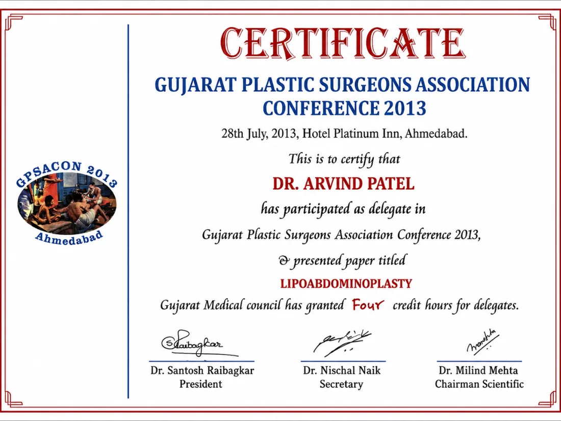 Certificate awarded to Dr. Arvind G. Patel
