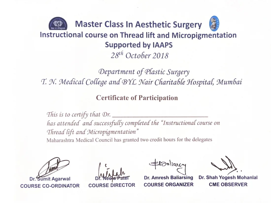 Certificate awarded to Dr. Arvind G. Patel