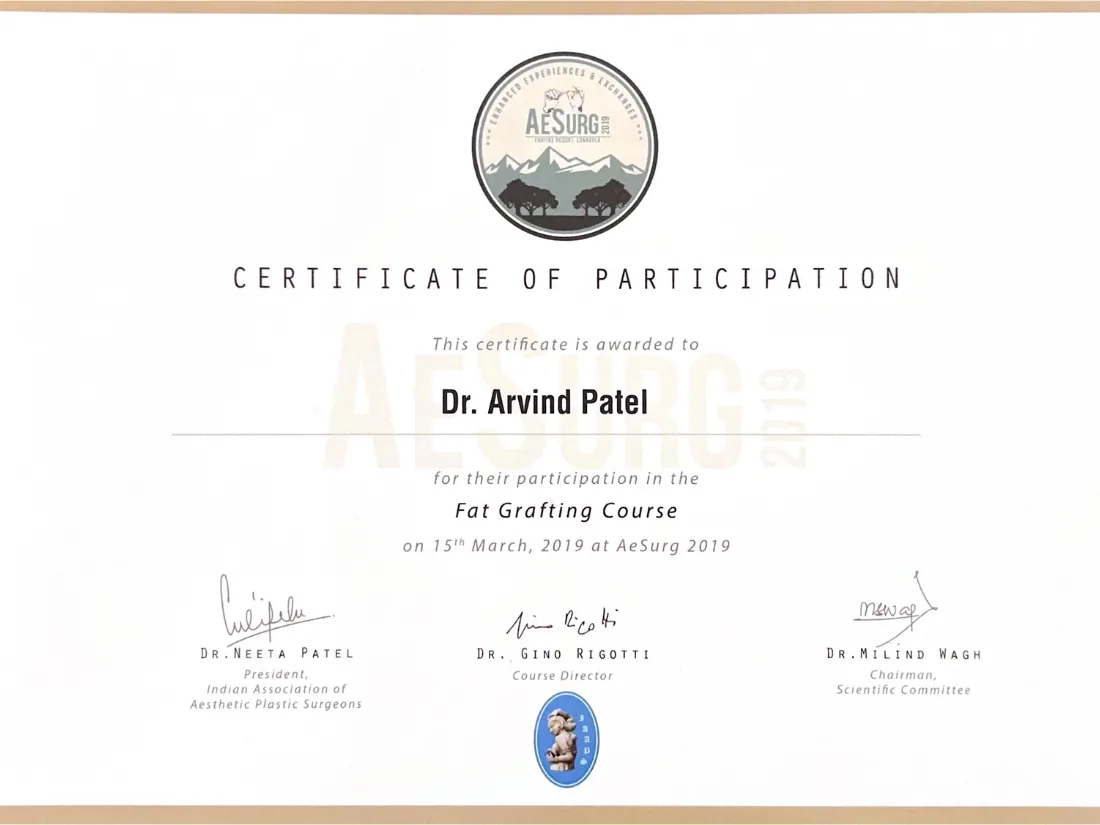Certificate awarded to Dr. Arvind G. Patel