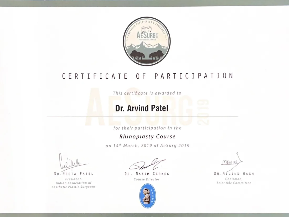 Certificate awarded to Dr. Arvind G. Patel