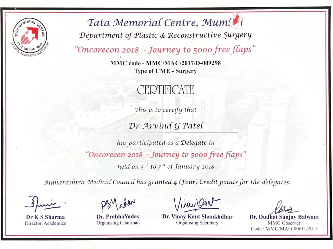 Certificate awarded to Dr. Arvind G. Patel