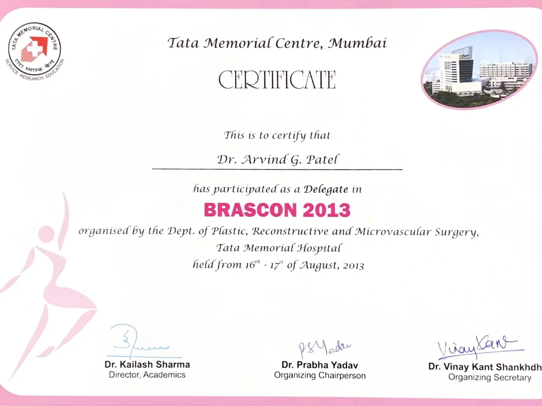 Certificate awarded to Dr. Arvind G. Patel