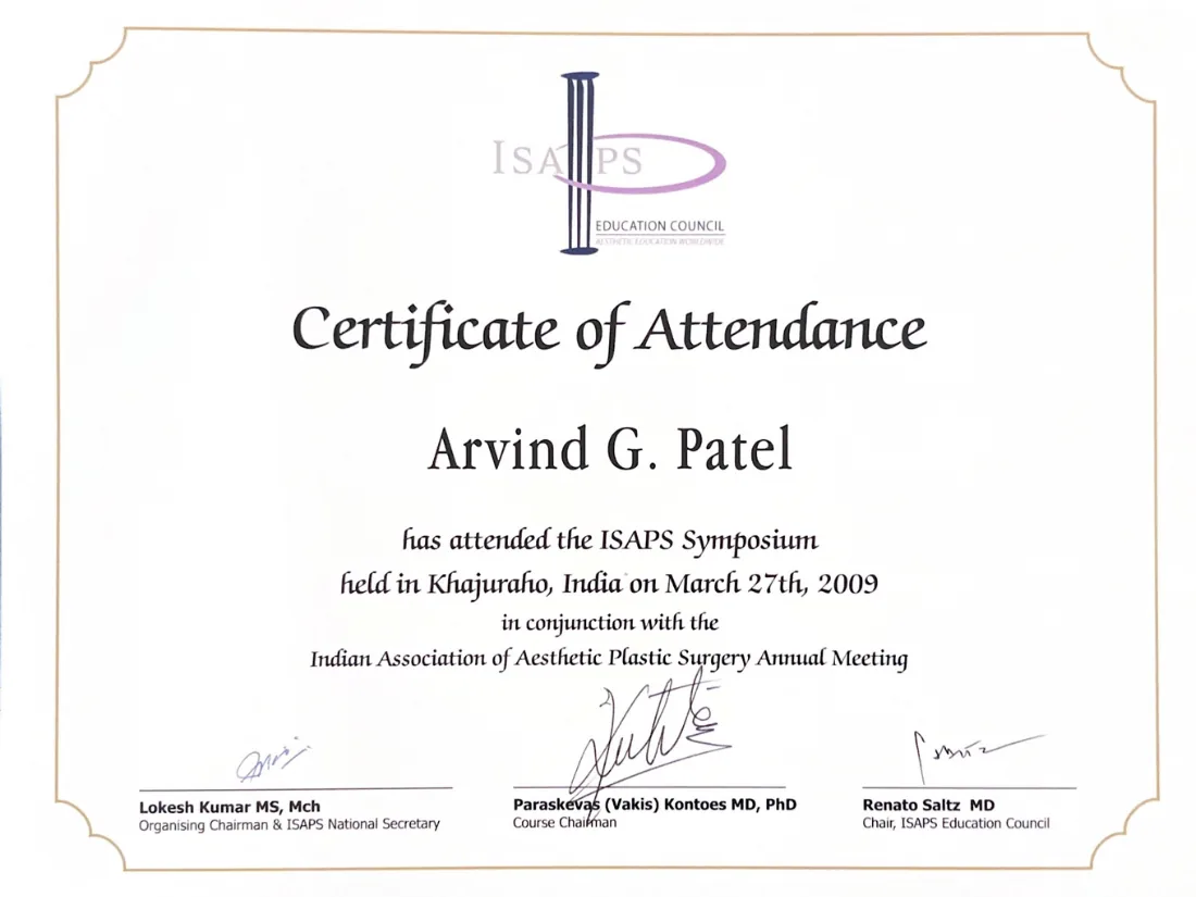 Certificate awarded to Dr. Arvind G. Patel