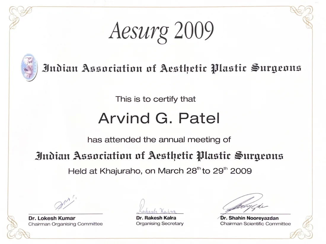 Certificate awarded to Dr. Arvind G. Patel