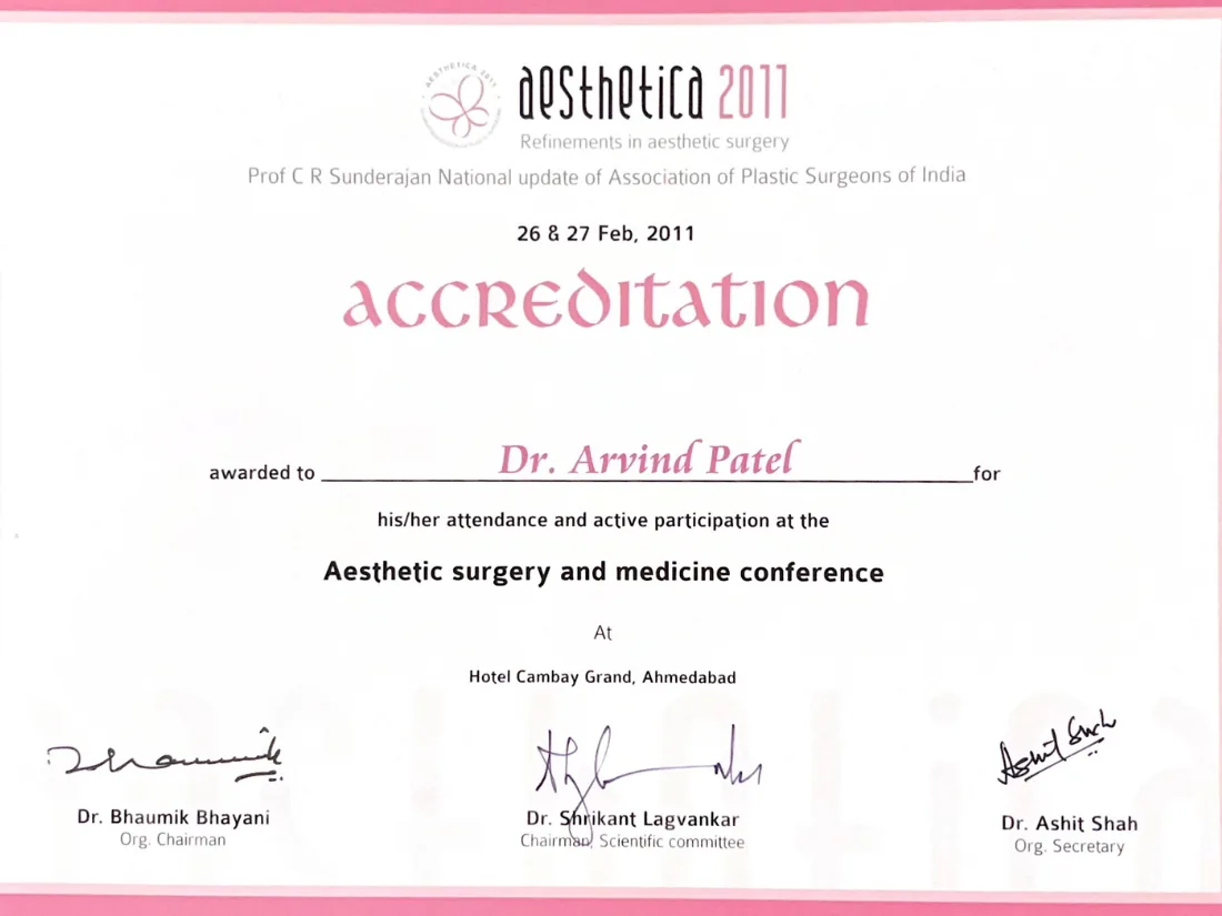 Certificate awarded to Dr. Arvind G. Patel