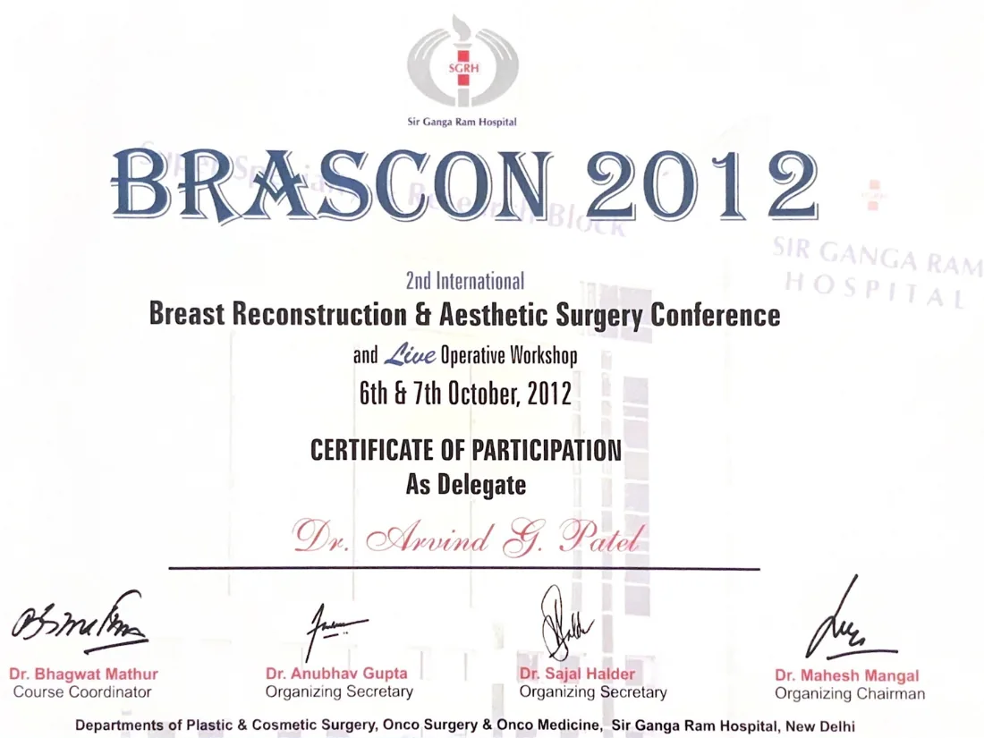 Certificate awarded to Dr. Arvind G. Patel