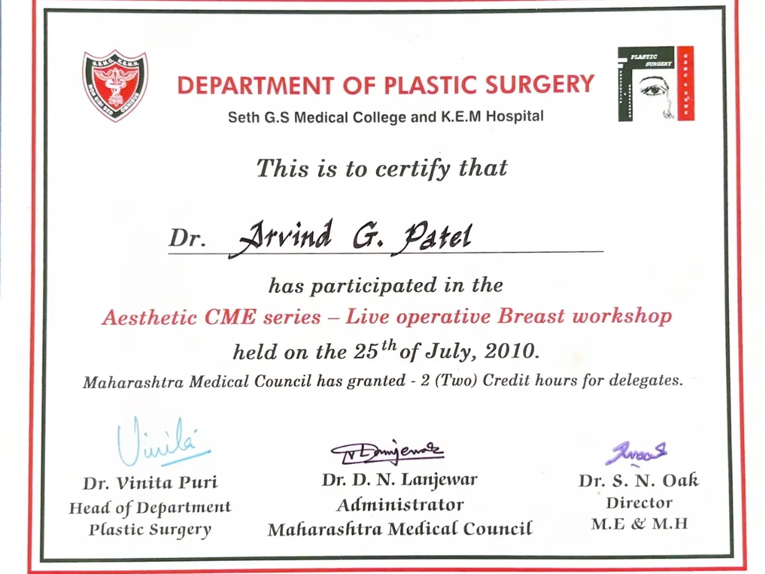 Certificate awarded to Dr. Arvind G. Patel