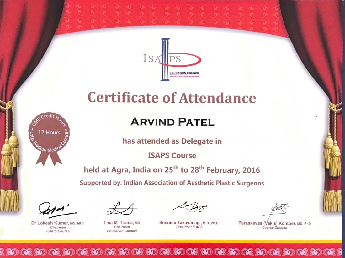 Certificate awarded to Dr. Arvind G. Patel