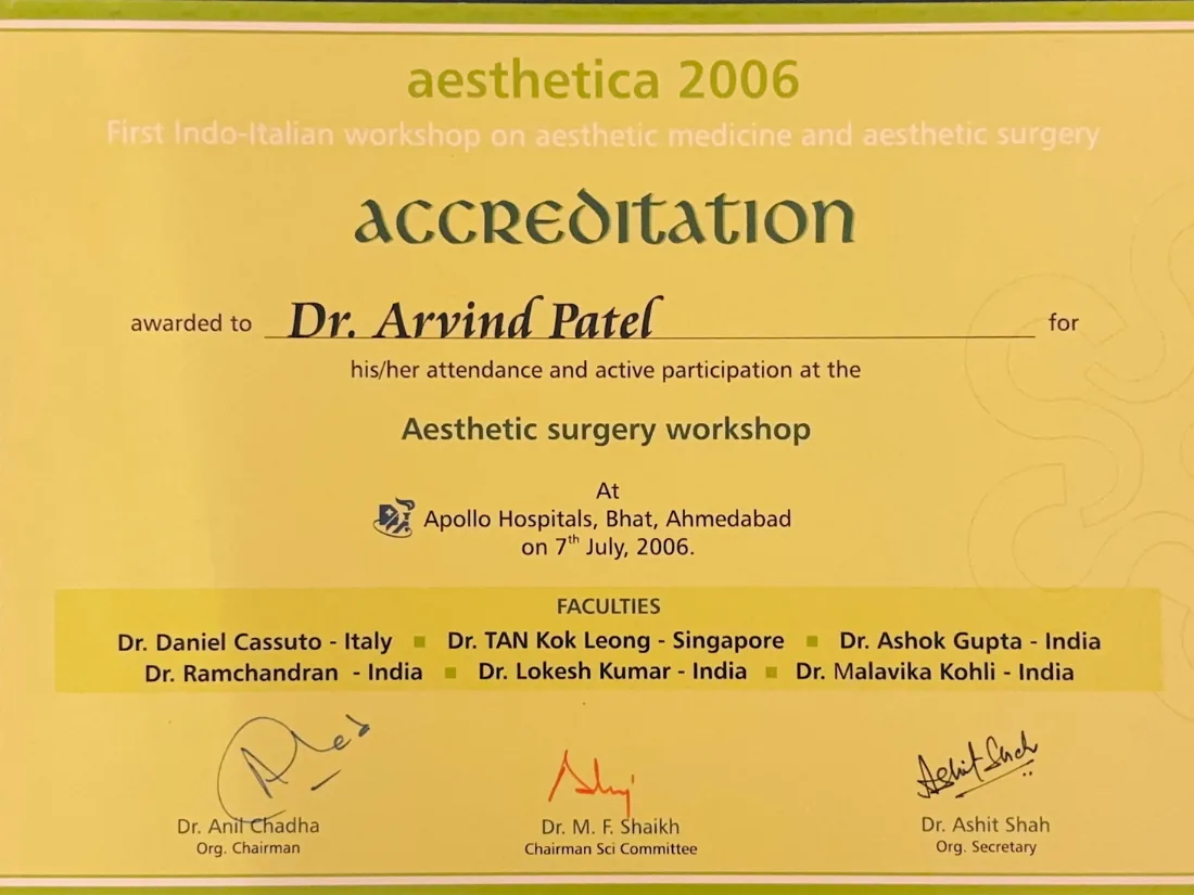 Certificate awarded to Dr. Arvind G. Patel
