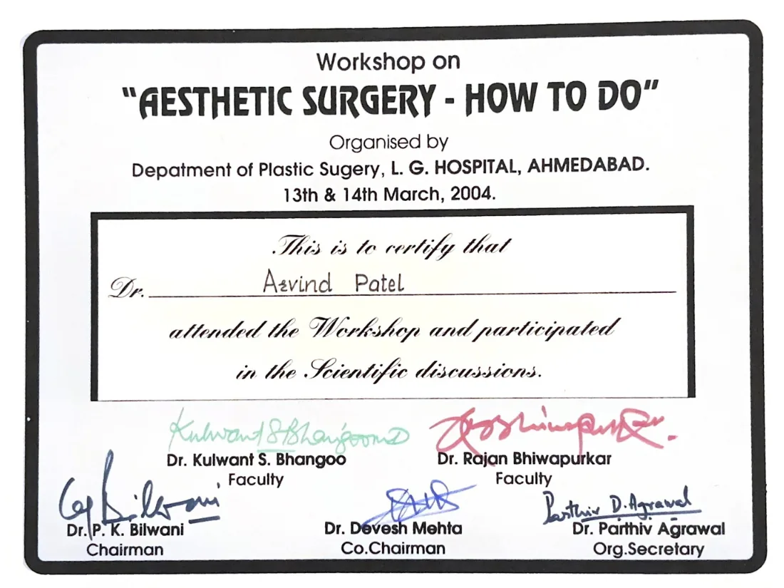 Certificate awarded to Dr. Arvind G. Patel