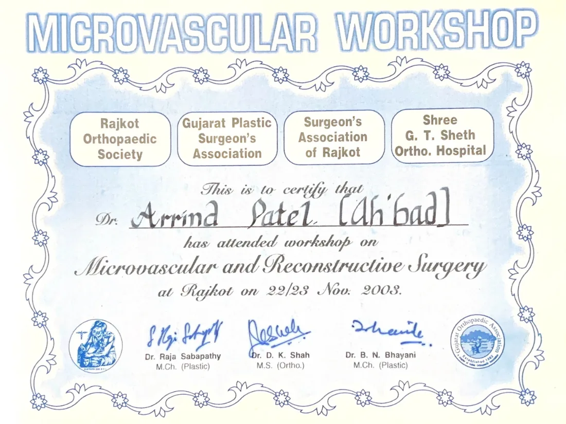 Certificate awarded to Dr. Arvind G. Patel