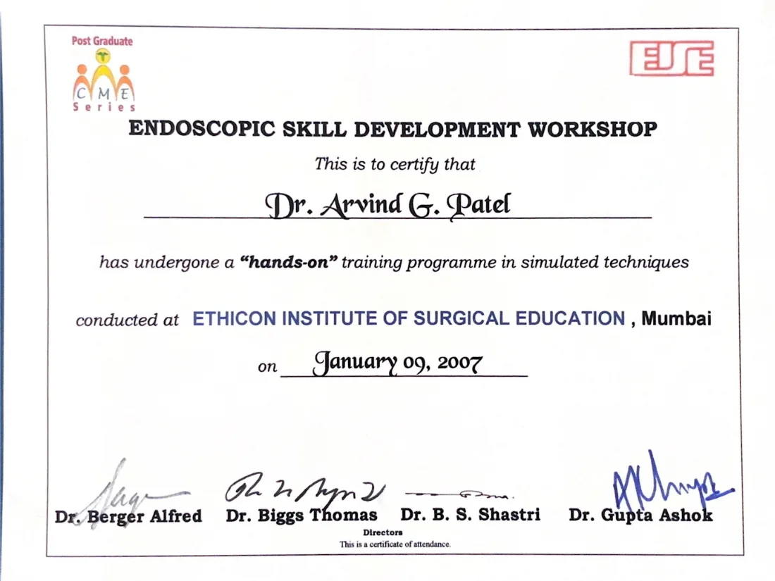 Certificate awarded to Dr. Arvind G. Patel