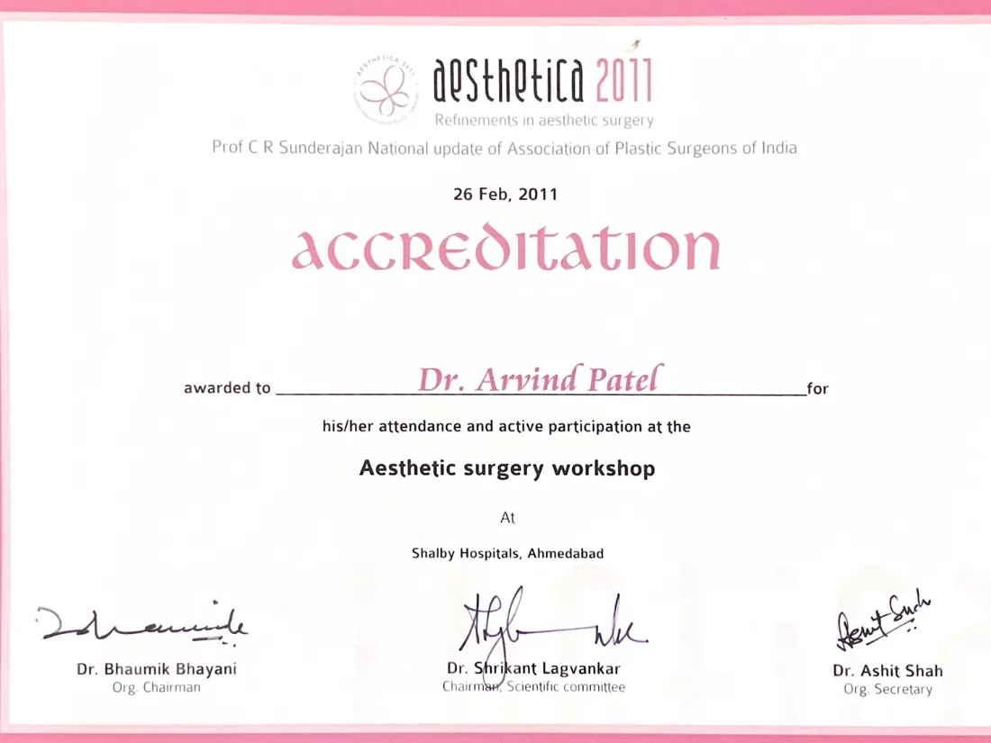 Certificate awarded to Dr. Arvind G. Patel