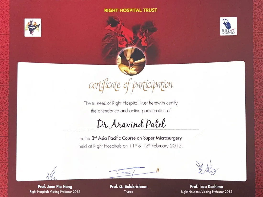 Certificate awarded to Dr. Arvind G. Patel