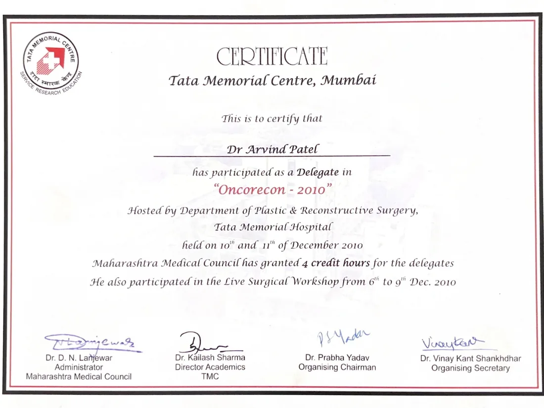 Certificate awarded to Dr. Arvind G. Patel