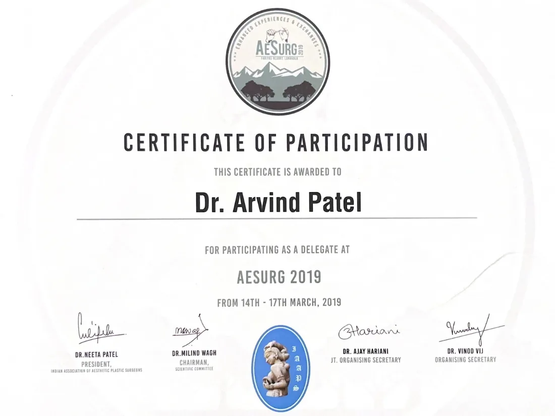 Certificate awarded to Dr. Arvind G. Patel