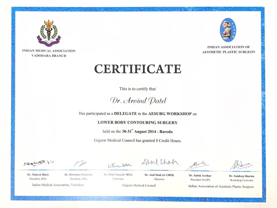 Certificate awarded to Dr. Arvind G. Patel