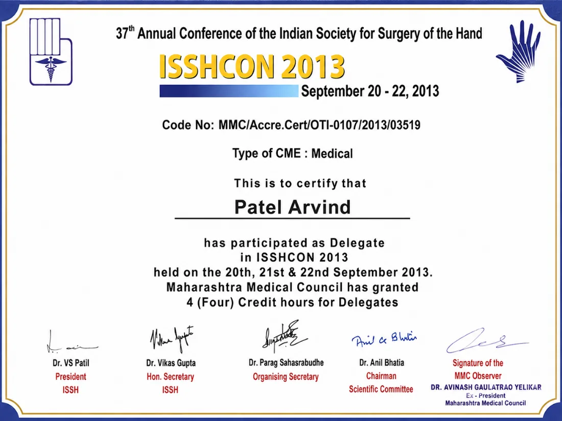 Certificate awarded to Dr. Arvind G. Patel