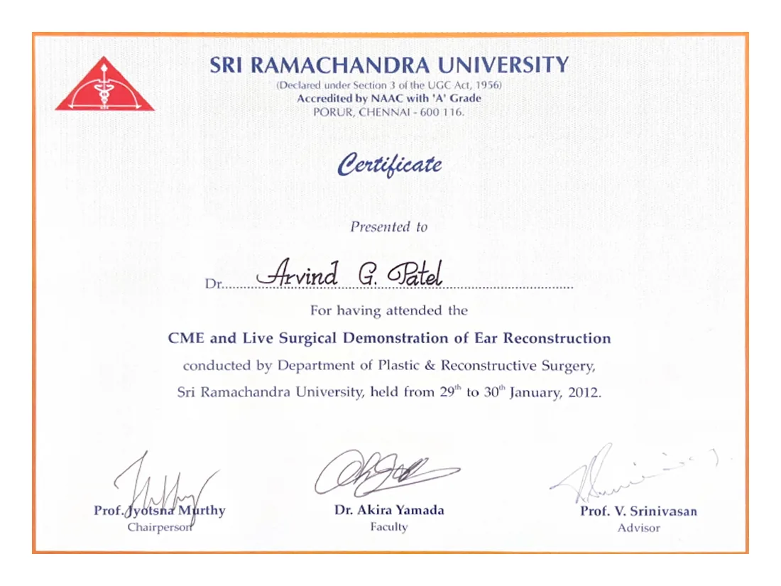 Certificate awarded to Dr. Arvind G. Patel