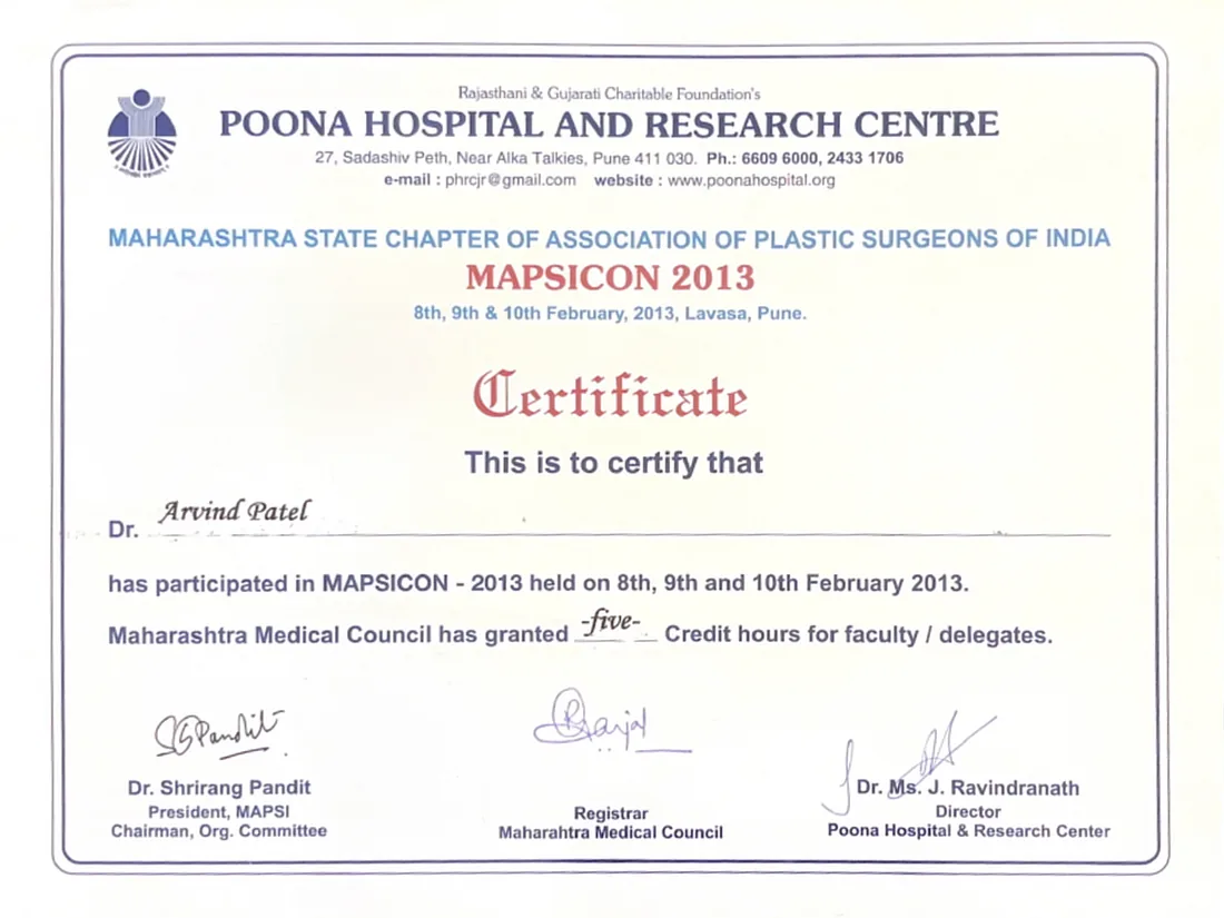 Certificate awarded to Dr. Arvind G. Patel