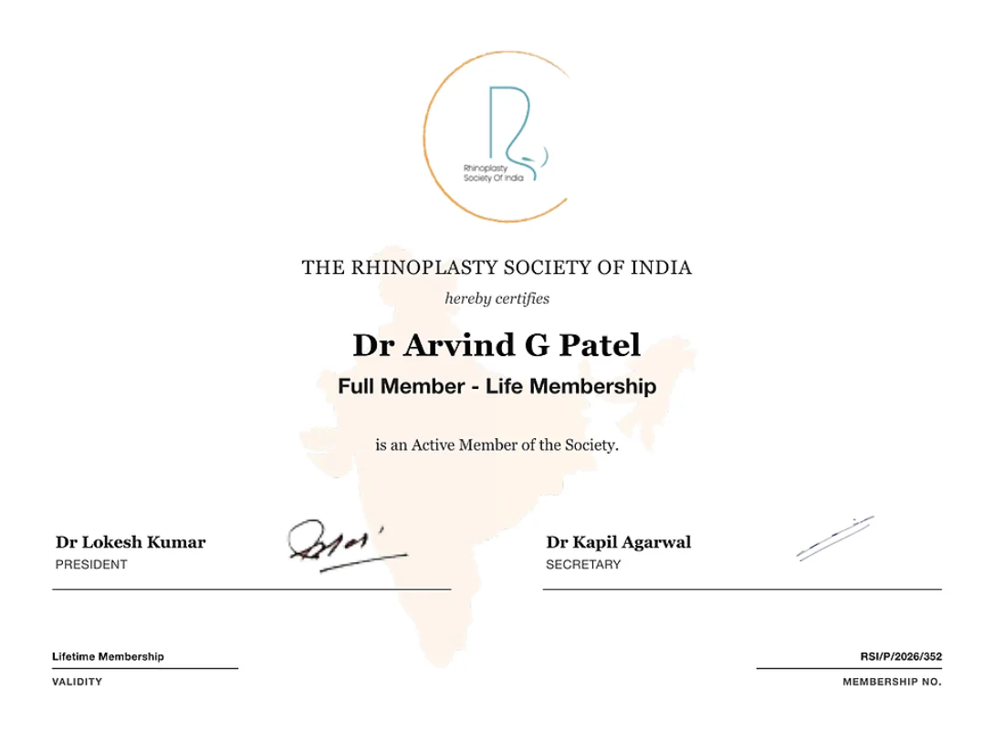 Rhinoplasty Society of India full member life membership certificate of Dr. Arvind G. Patel
